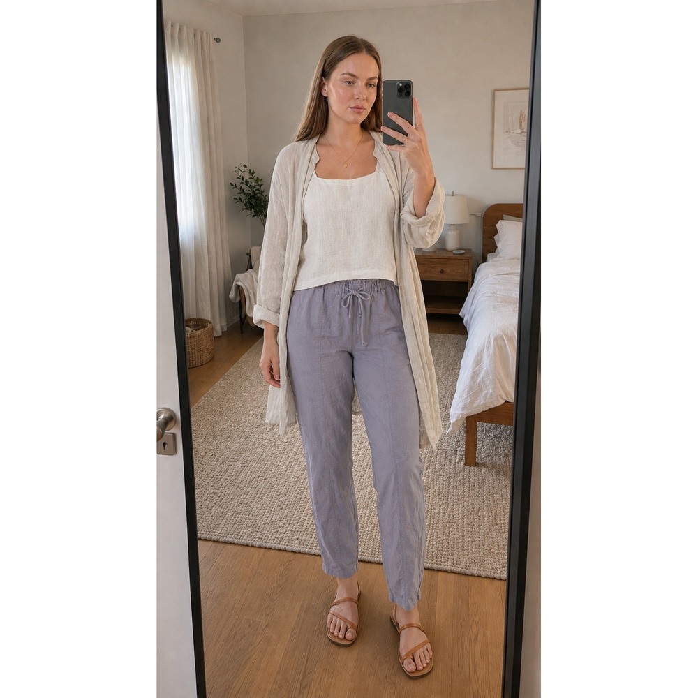 Risen Women Linen Pants Large Taupe Paperbag Waist Relaxed Coastal Minimalist